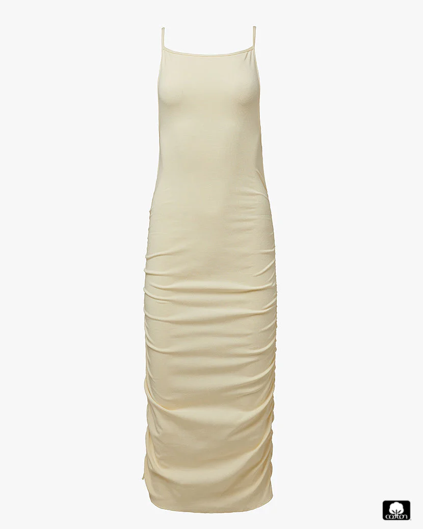 Ruched High Neck Midi Dress | Ecru - Image 2