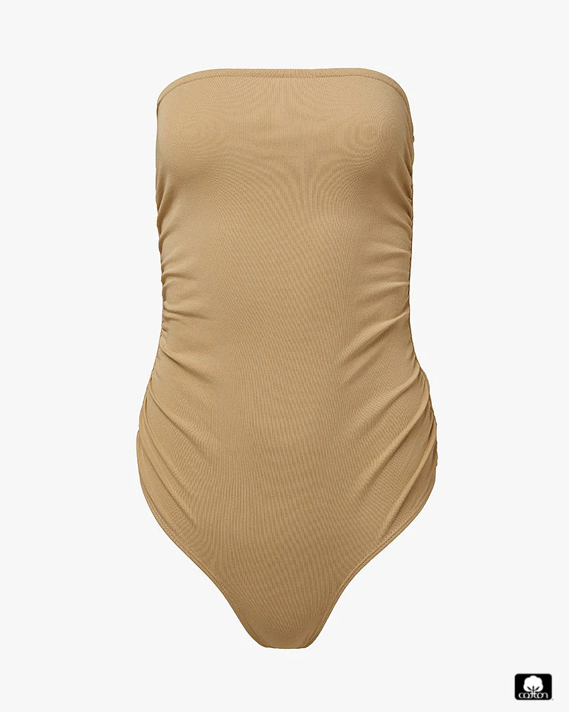 Ruched Strapless Bodysuit | Beige - Image 2