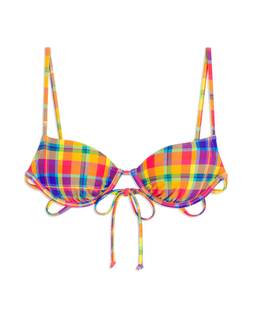 Ruched Underwire Rainbow Plaid Bikini Top | Multi - Image 2