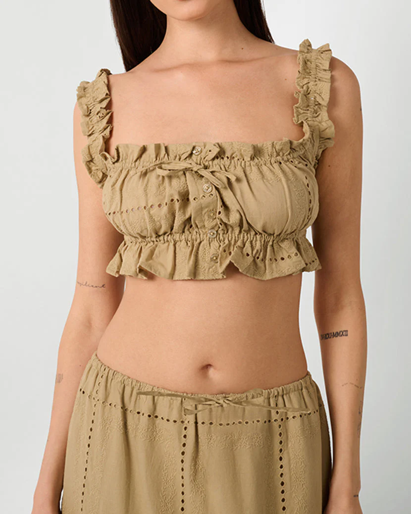 Ruffle Button Crop Top | Oat - Image 4