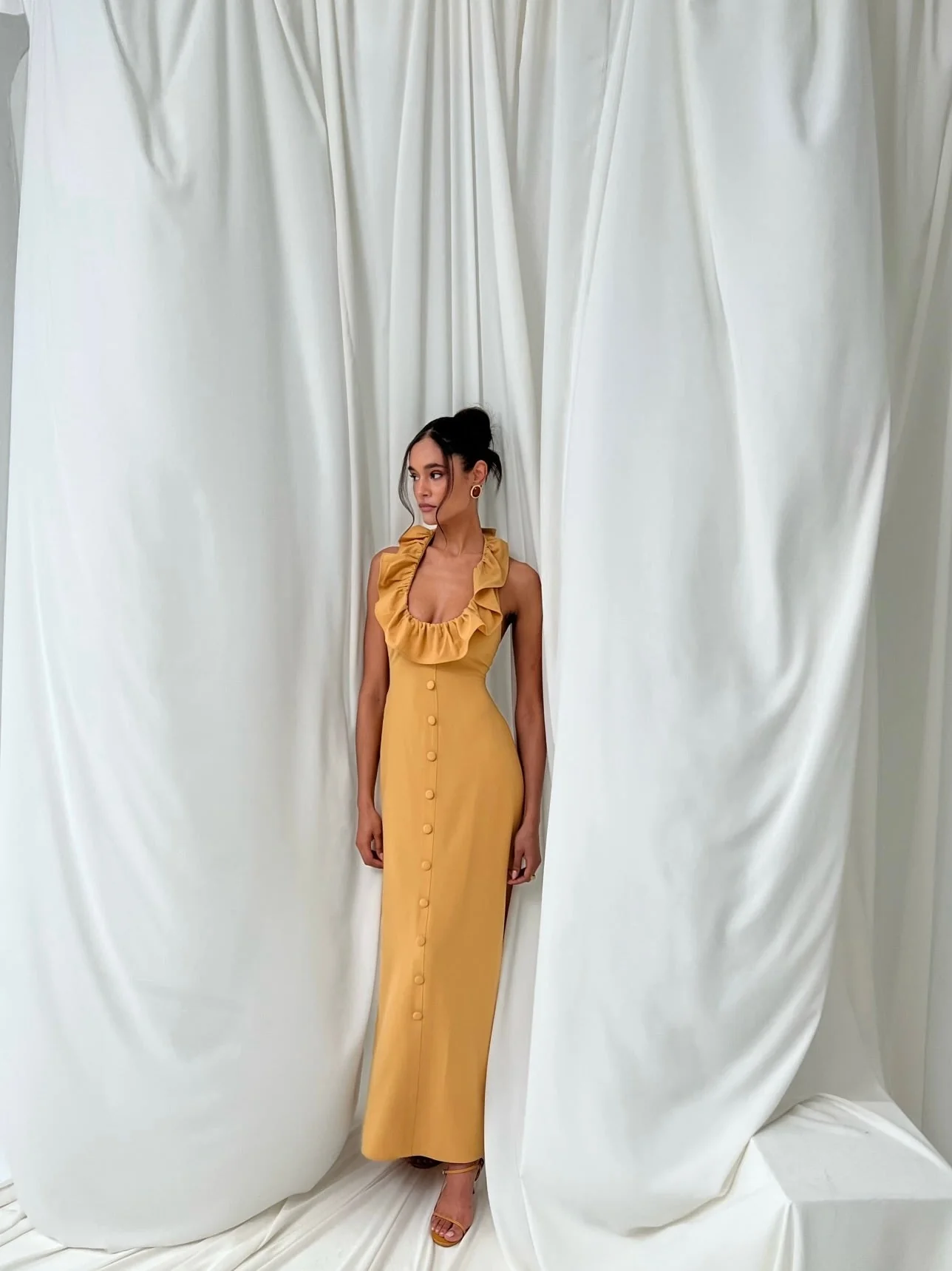 Ruffle Halter Midi Dress | Oak Buff - Image 3