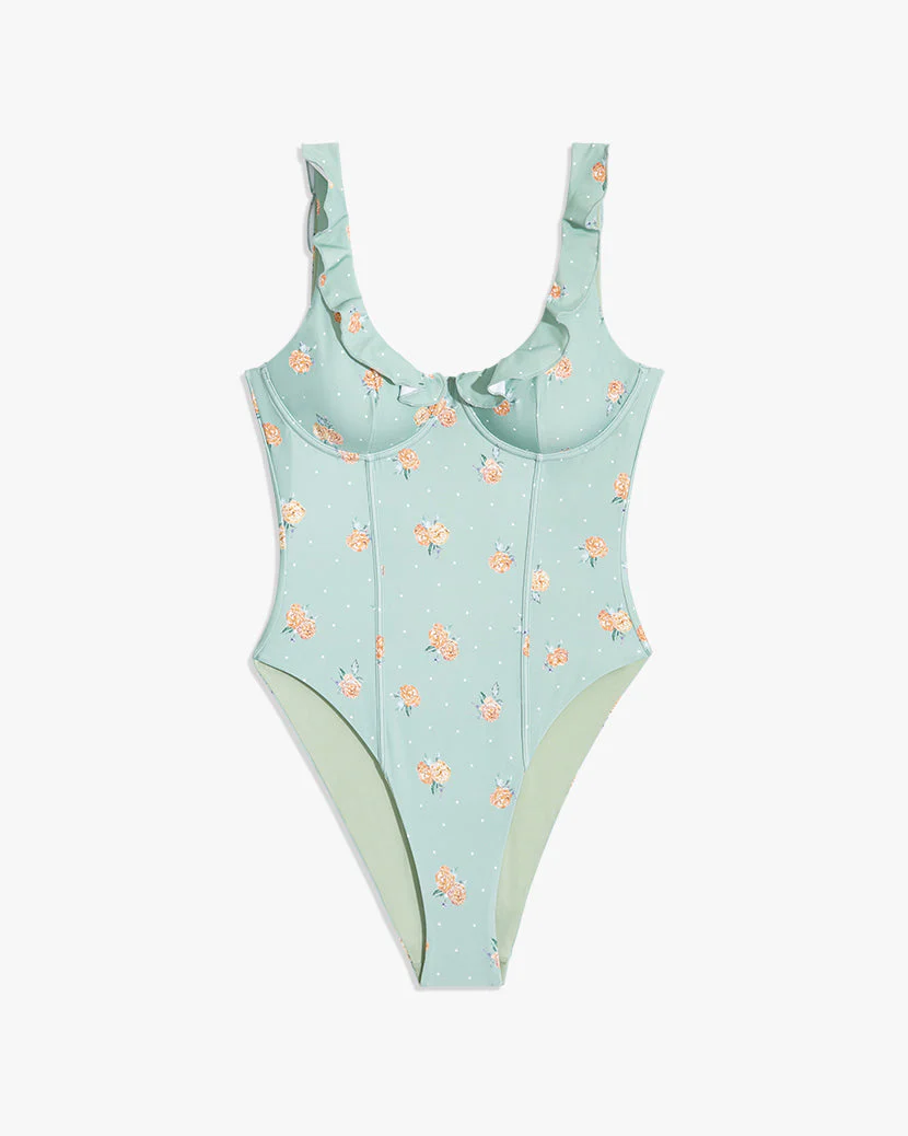 Ruffle One Piece | Polka Dot Floral Sea Green - Image 2