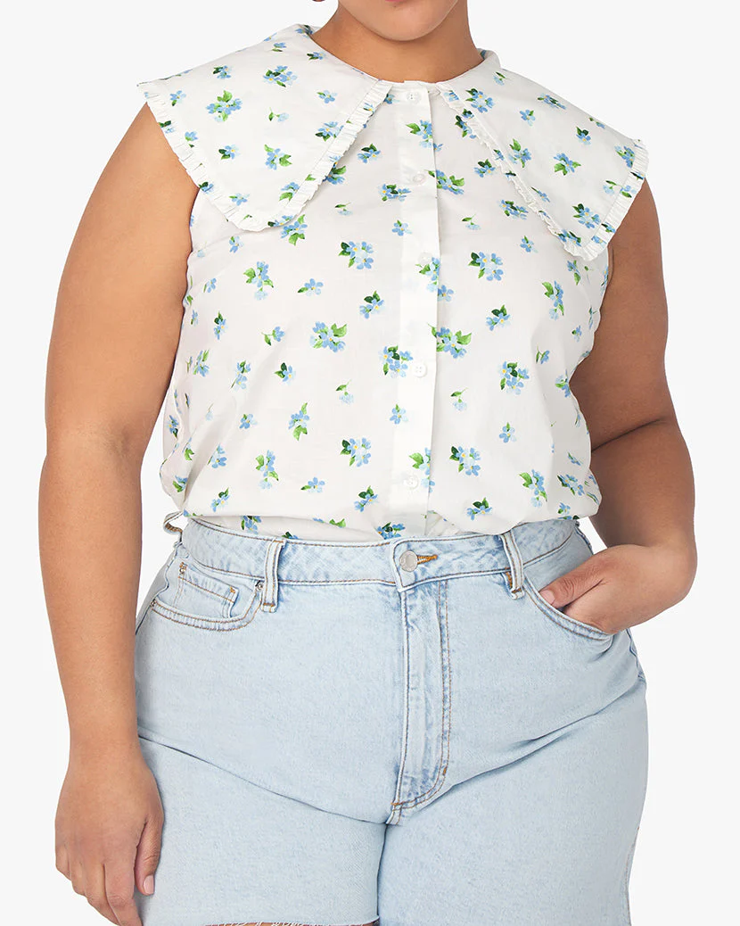 Ruffle Watercolor Ditsy Collar Button Up | Ivory - Image 4