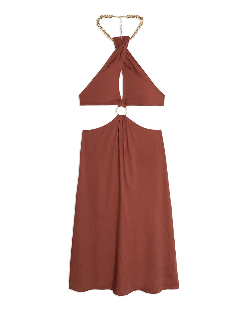 Shell Chain Halter Linen Midi Dress | Cappuccino - Image 3
