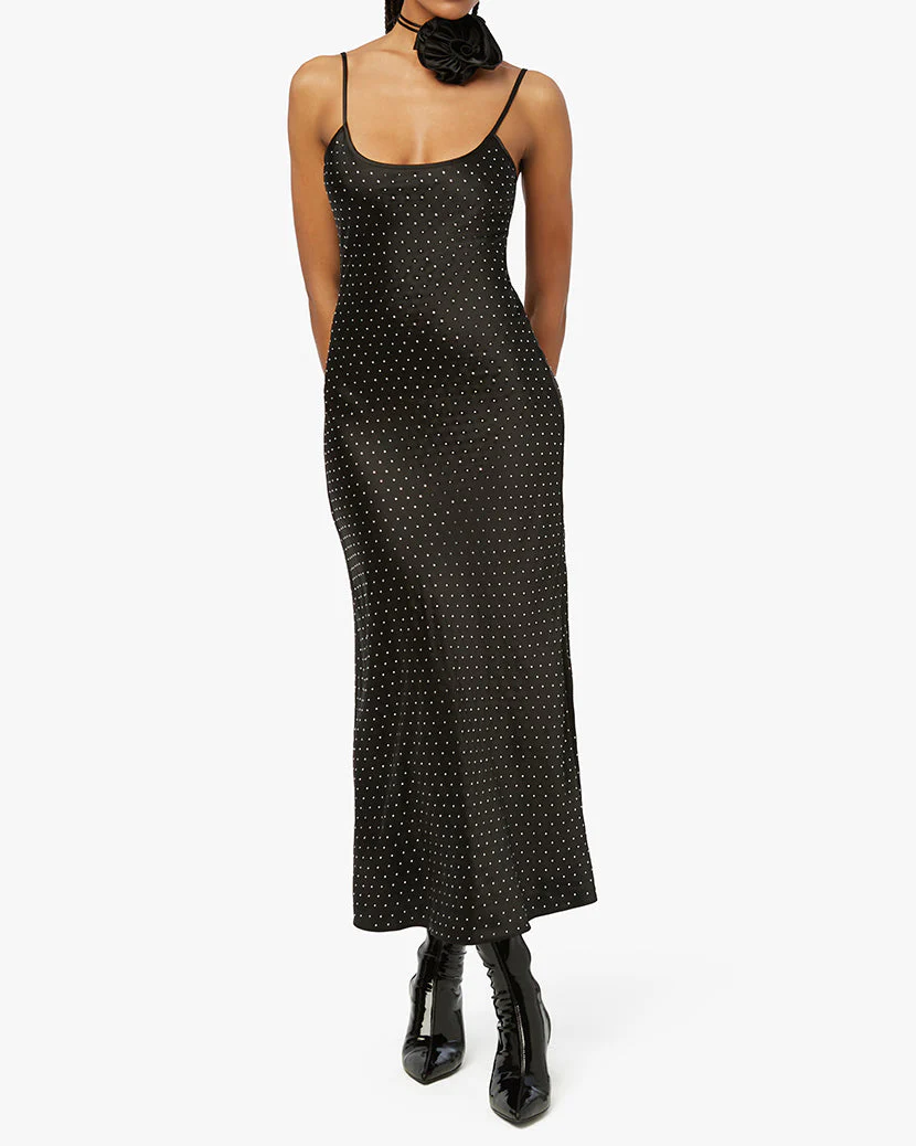 Slip Satin Charmeuse Rhinestone Midi Dress | Black - Image 7