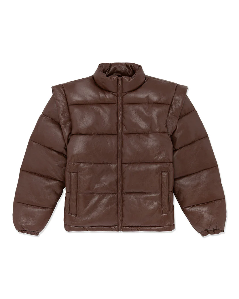 Snap Off Sleeve Matte Faux Leather Puffer Jacket | Cacao - Image 2