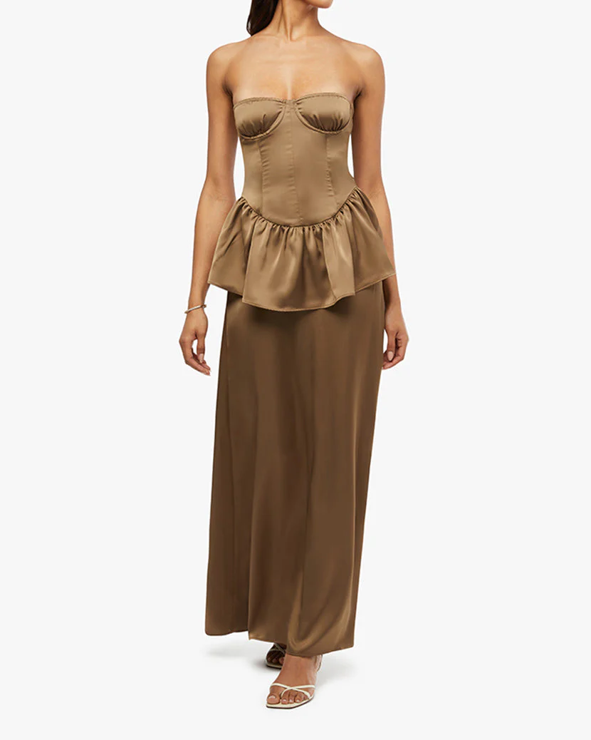 Strapless Corset Peplum Maxi Dress | Brown