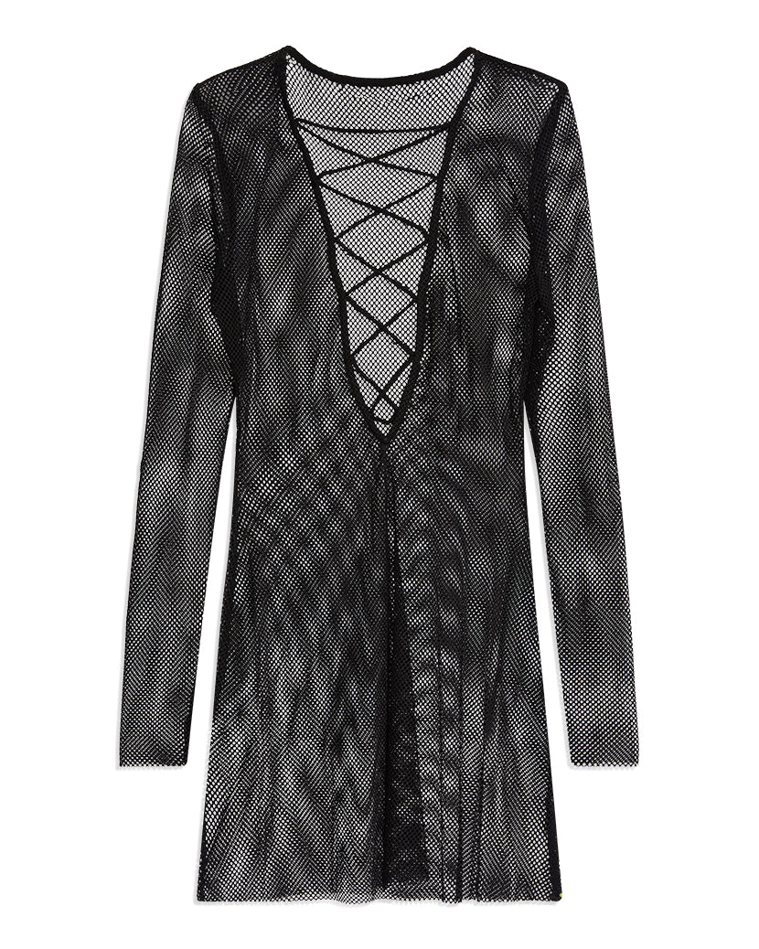 V-Neck Fishnet Lace Up Mini Dress | Black - Image 2