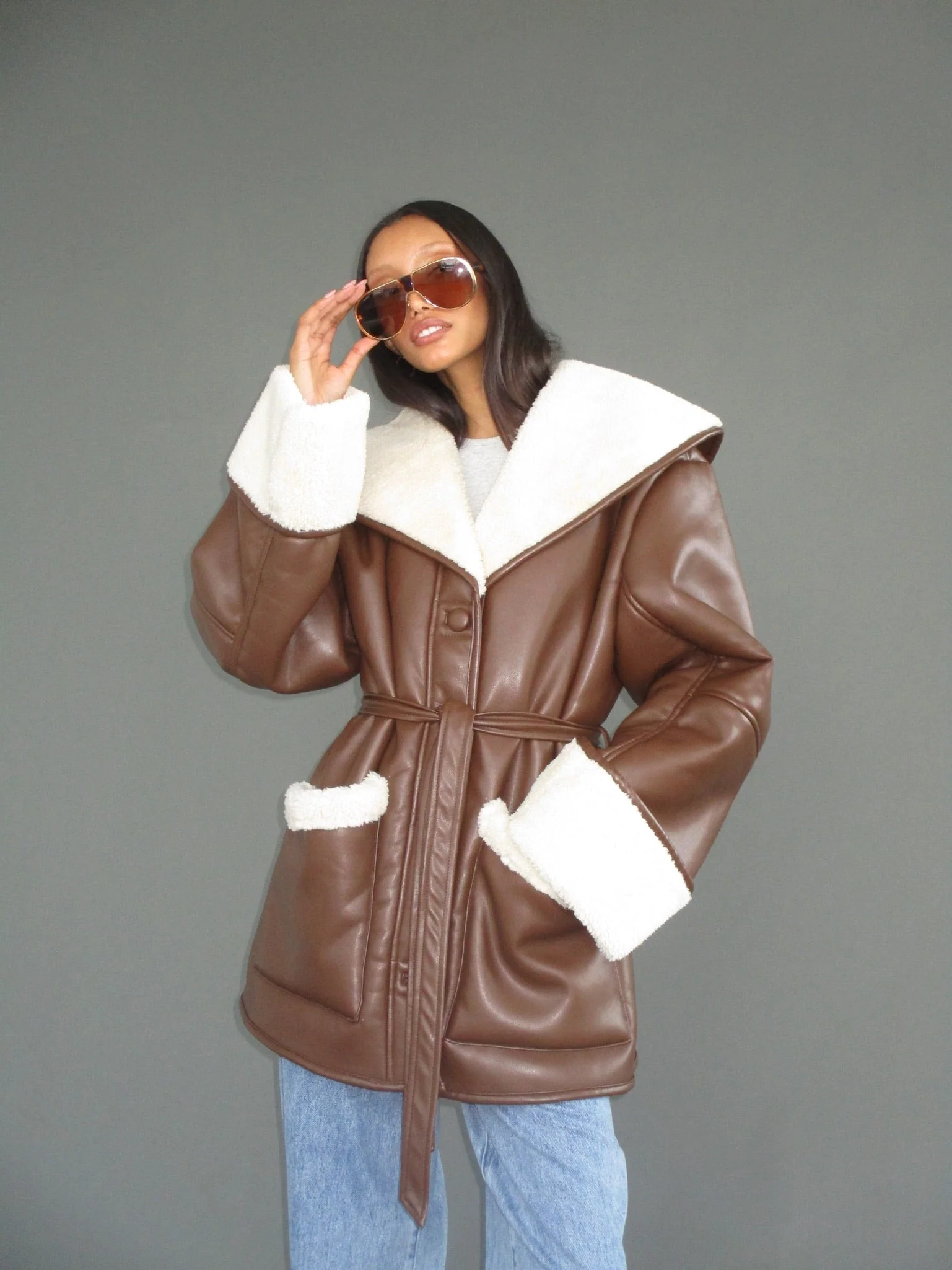 Vegan Leather Bonded Faux Fur Jacket | Brown x Ivory - Image 3
