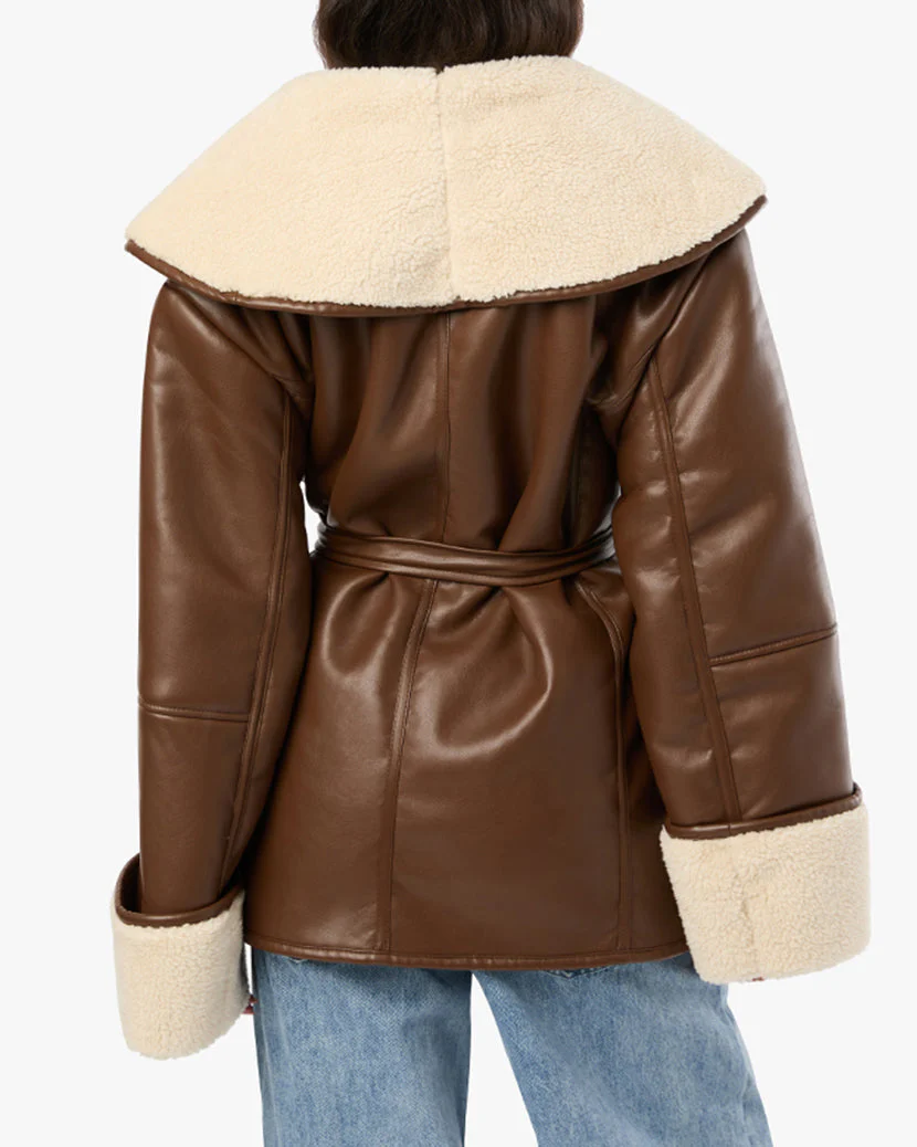 Vegan Leather Bonded Faux Fur Jacket | Brown x Ivory - Image 6