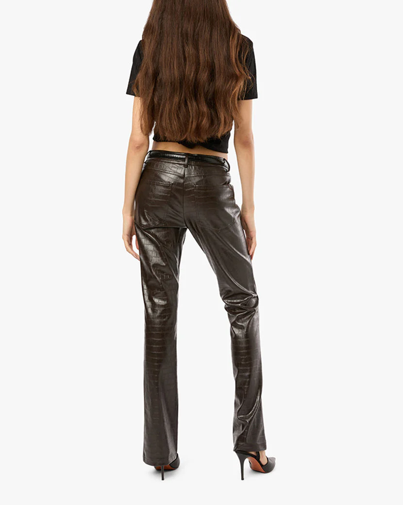 Vegan Leather Croc Mid Rise Flare Pant | Brown - Image 5