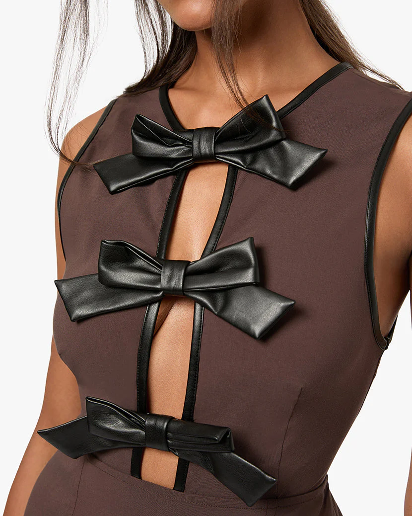 Vegan Leather Piped Peplum Mini Dress | Brown x Black - Image 4
