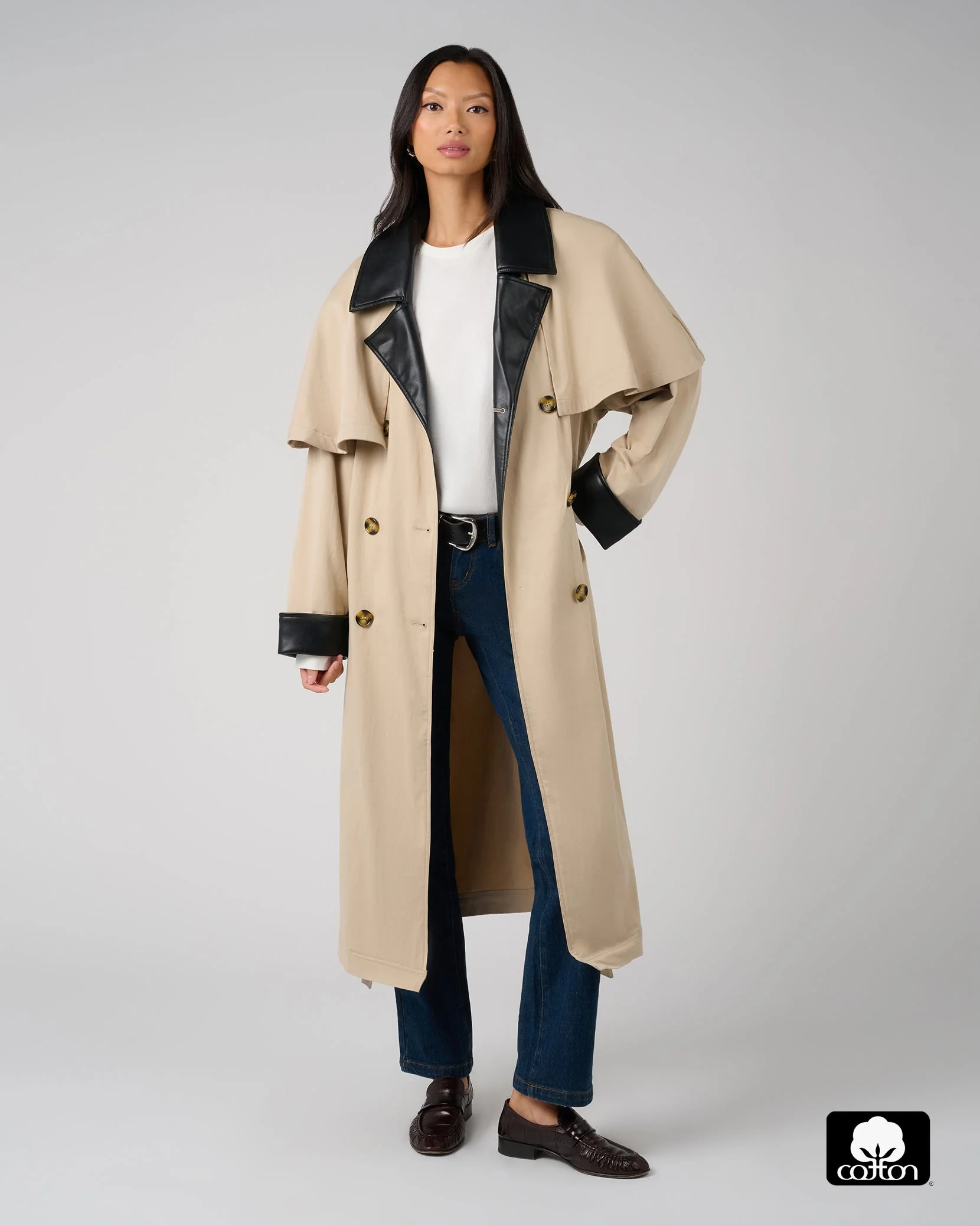 Vegan Leather Trim Trench Coat | Taupe x Black - Image 2